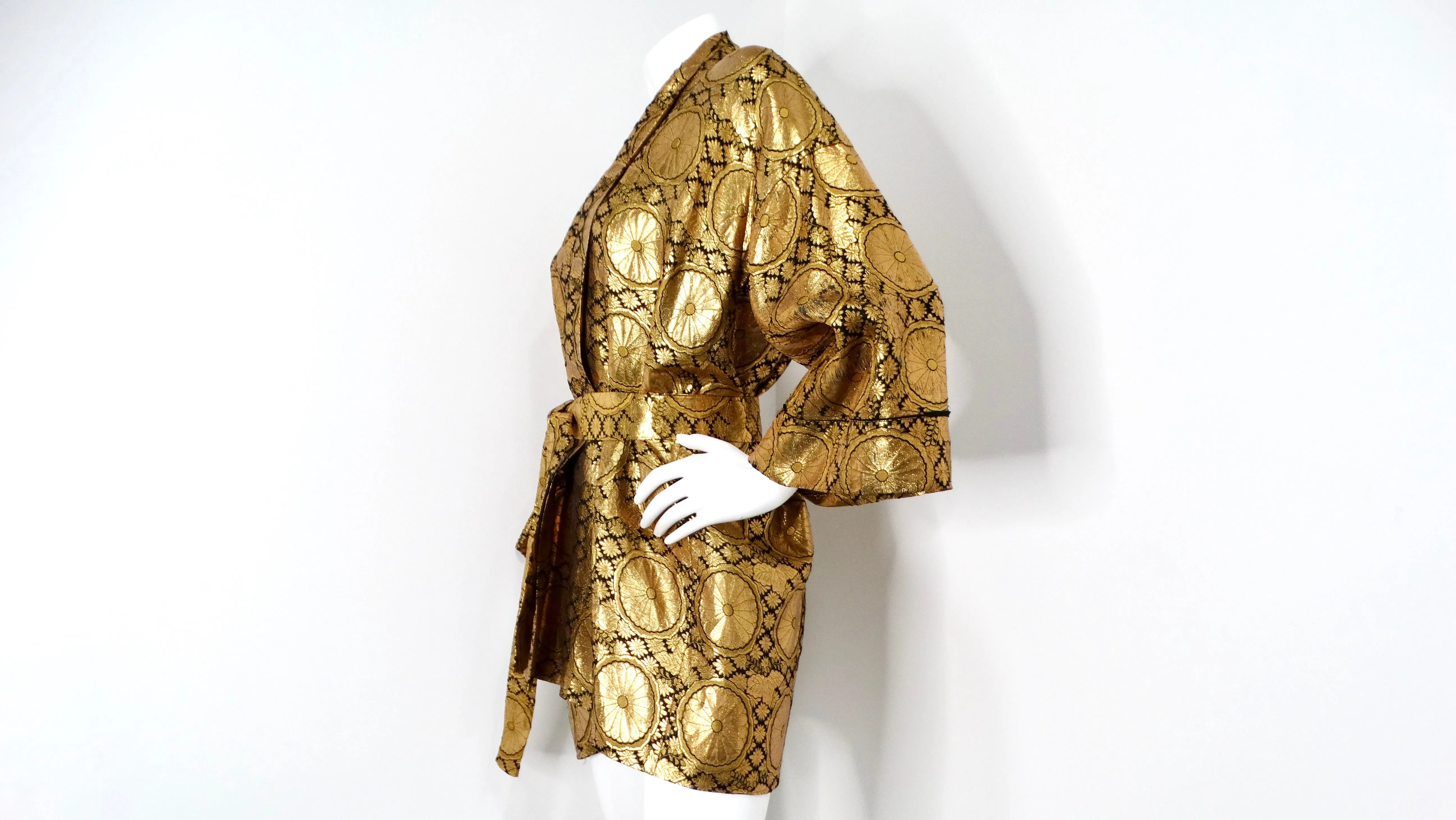 1960s Japanese Black & Gold Metallic Floral Print Kimono Style Jacket