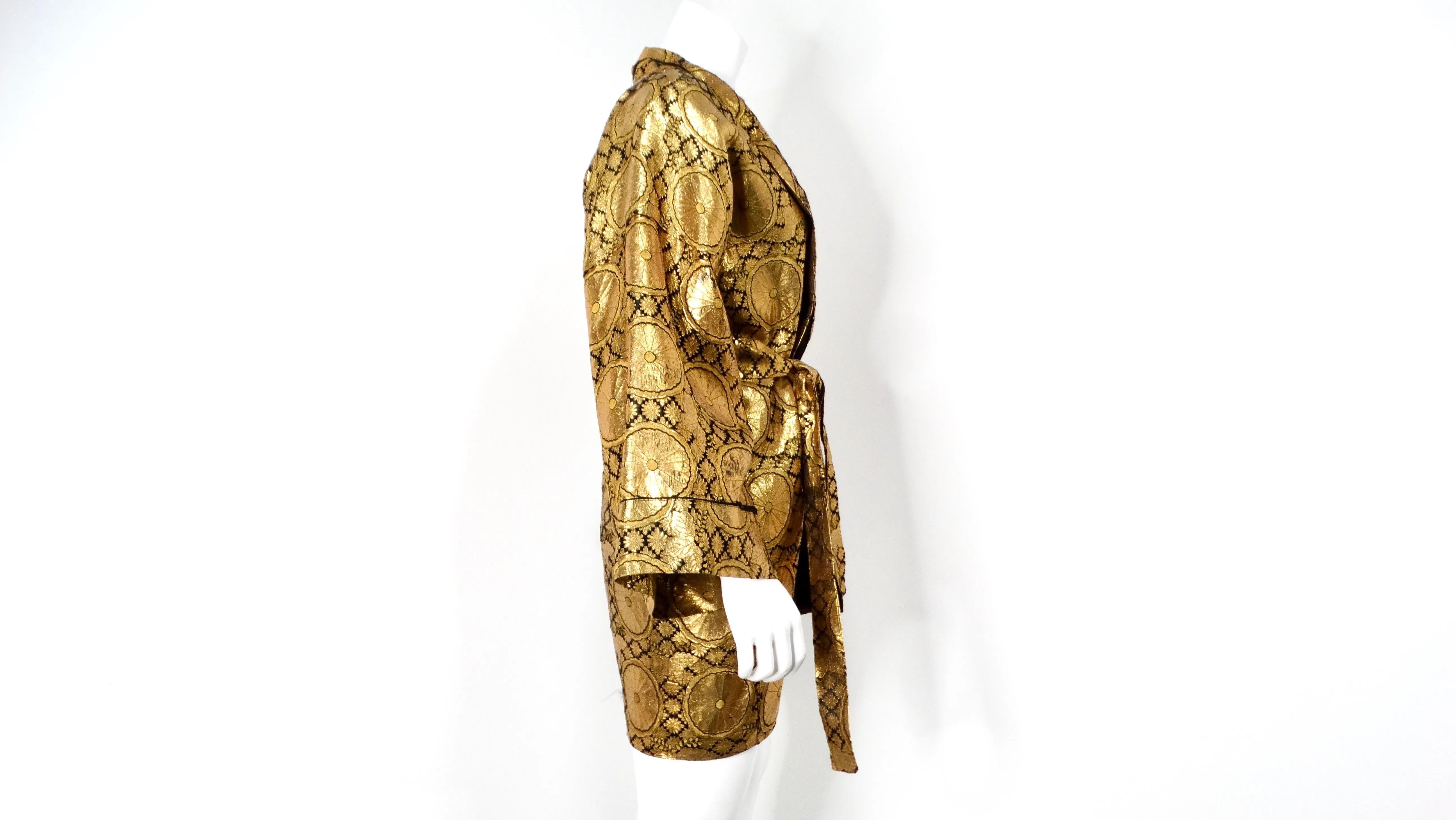 1960s Japanese Black & Gold Metallic Floral Print Kimono Style Jacket