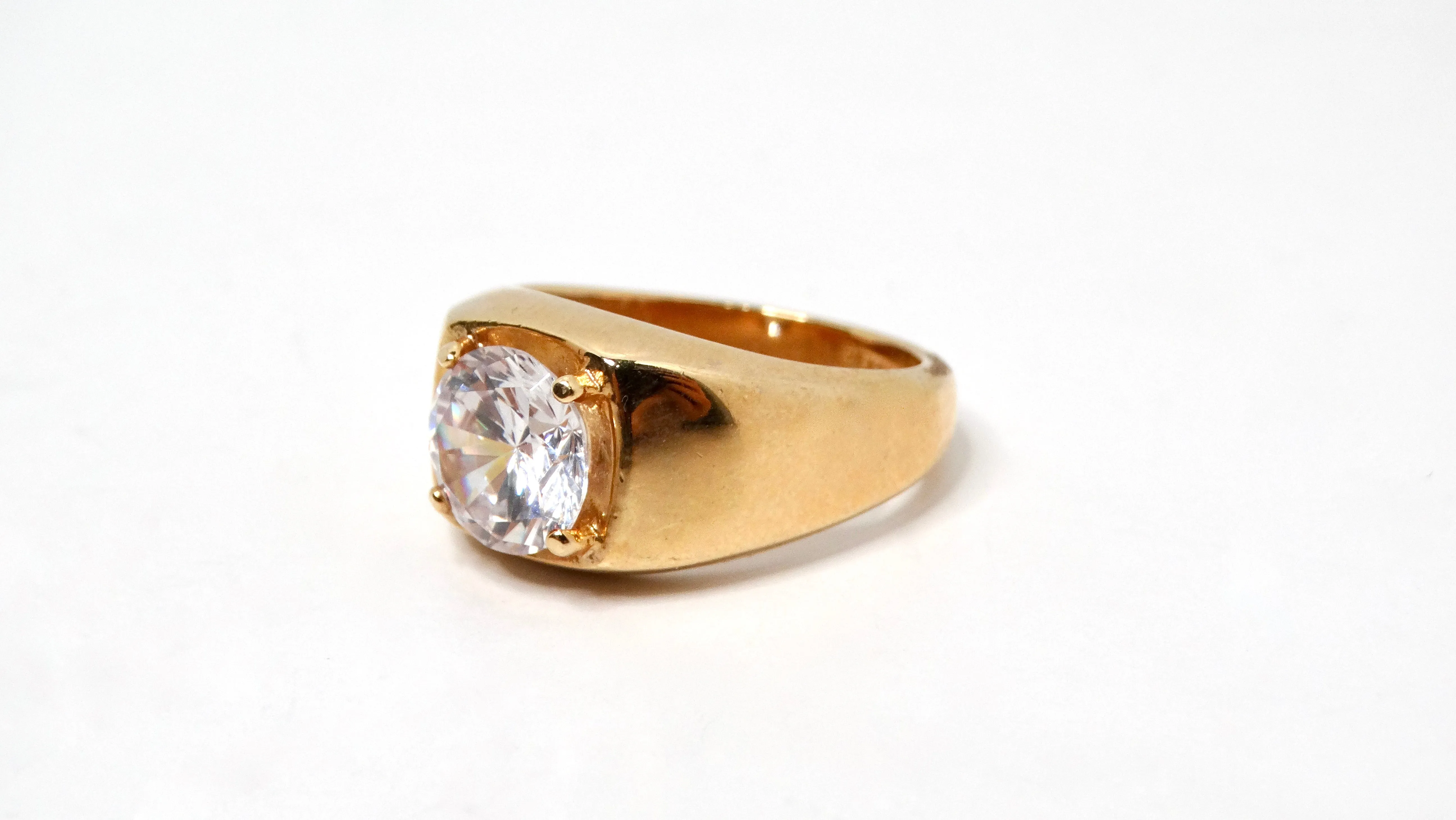 1990s Mens 18k Gold Plated Crystal Solitaire Ring
