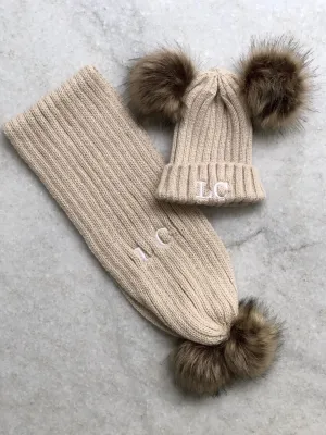 2-ITEMS Personalised Double Pom Pom Hat & Scarf Bundle Gift Set