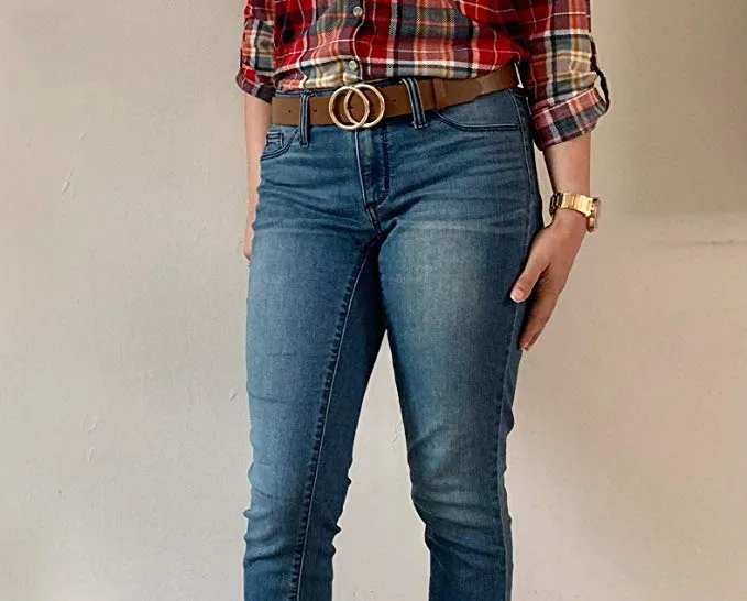 2 Pack Women Leather Belts Faux Leather Jeans Belt with Double O-Ring Buckle