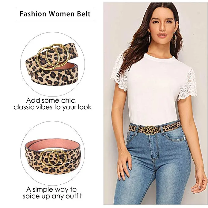 2 Pack Women Leather Belts Faux Leather Jeans Belt with Double O-Ring Buckle