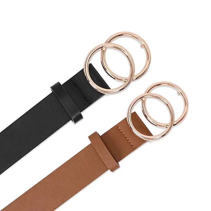 2 Pack Women Leather Belts Faux Leather Jeans Belt with Double O-Ring Buckle
