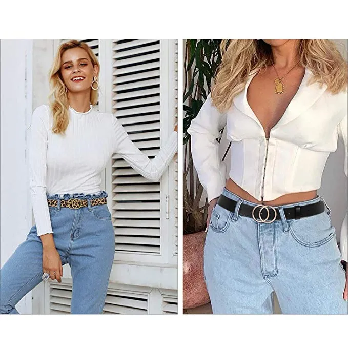 2 Pack Women Leather Belts Faux Leather Jeans Belt with Double O-Ring Buckle