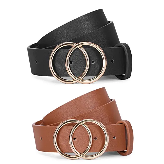 2 Pack Women Leather Belts Faux Leather Jeans Belt with Double O-Ring Buckle
