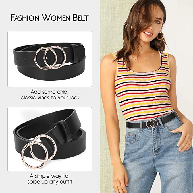 2 Pack Women Leather Belts Faux Leather Jeans Belt with Double O-Ring Buckle