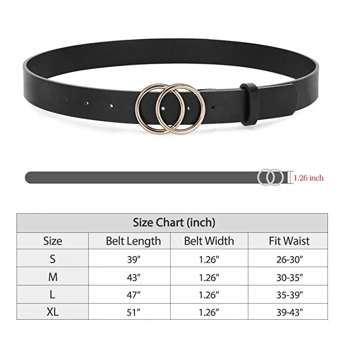 2 Pack Women Leather Belts Faux Leather Jeans Belt with Double O-Ring Buckle