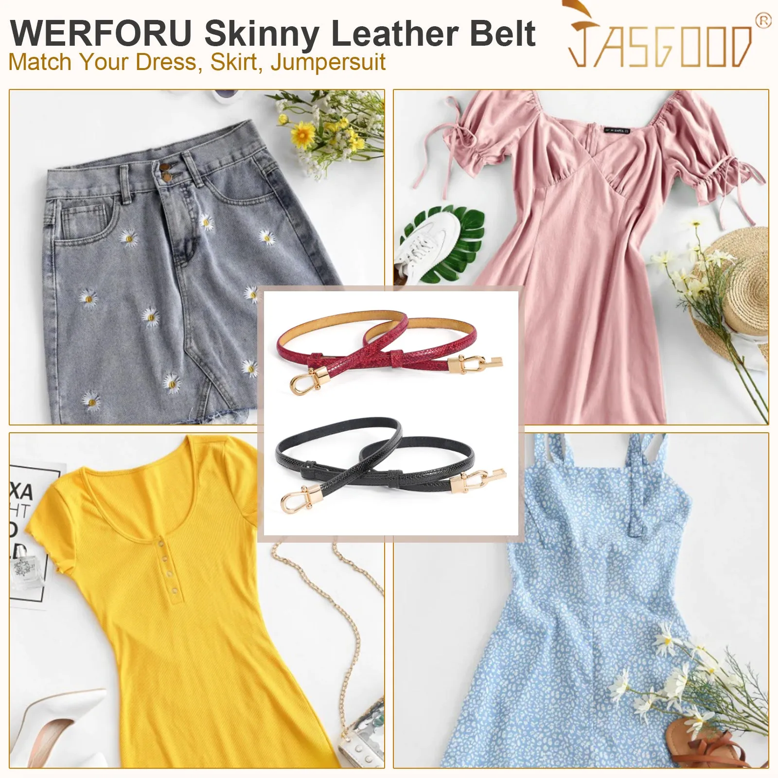 2 Pack Women Skinny Leather Belt Adjustable Fashion Dress Belt Thin Waist Belts for Ladies Girls