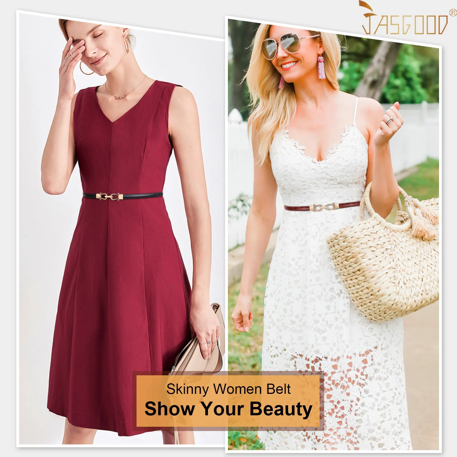 2 Pack Women Skinny Leather Belt Adjustable Fashion Dress Belt Thin Waist Belts for Ladies Girls