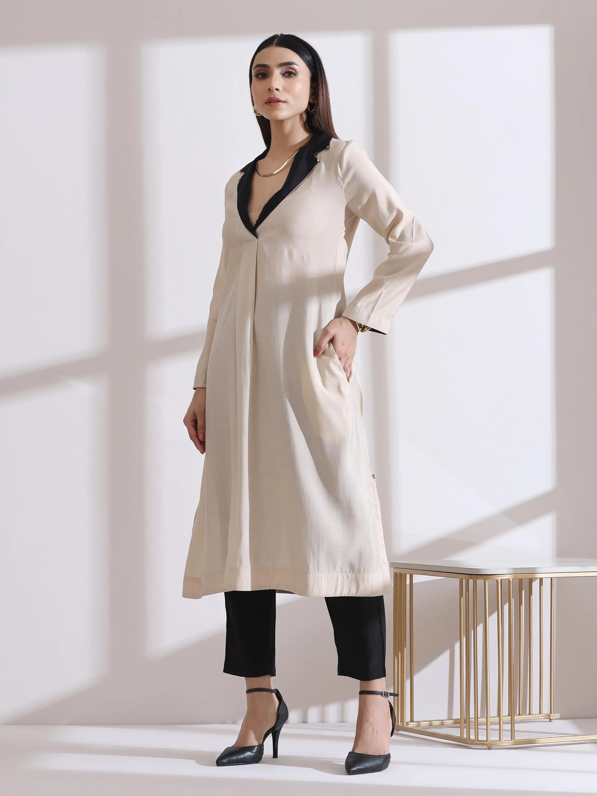 2 Pc Set - Airskin Fawn Kurta With Black With Gold Point Collar Kurta With Pants