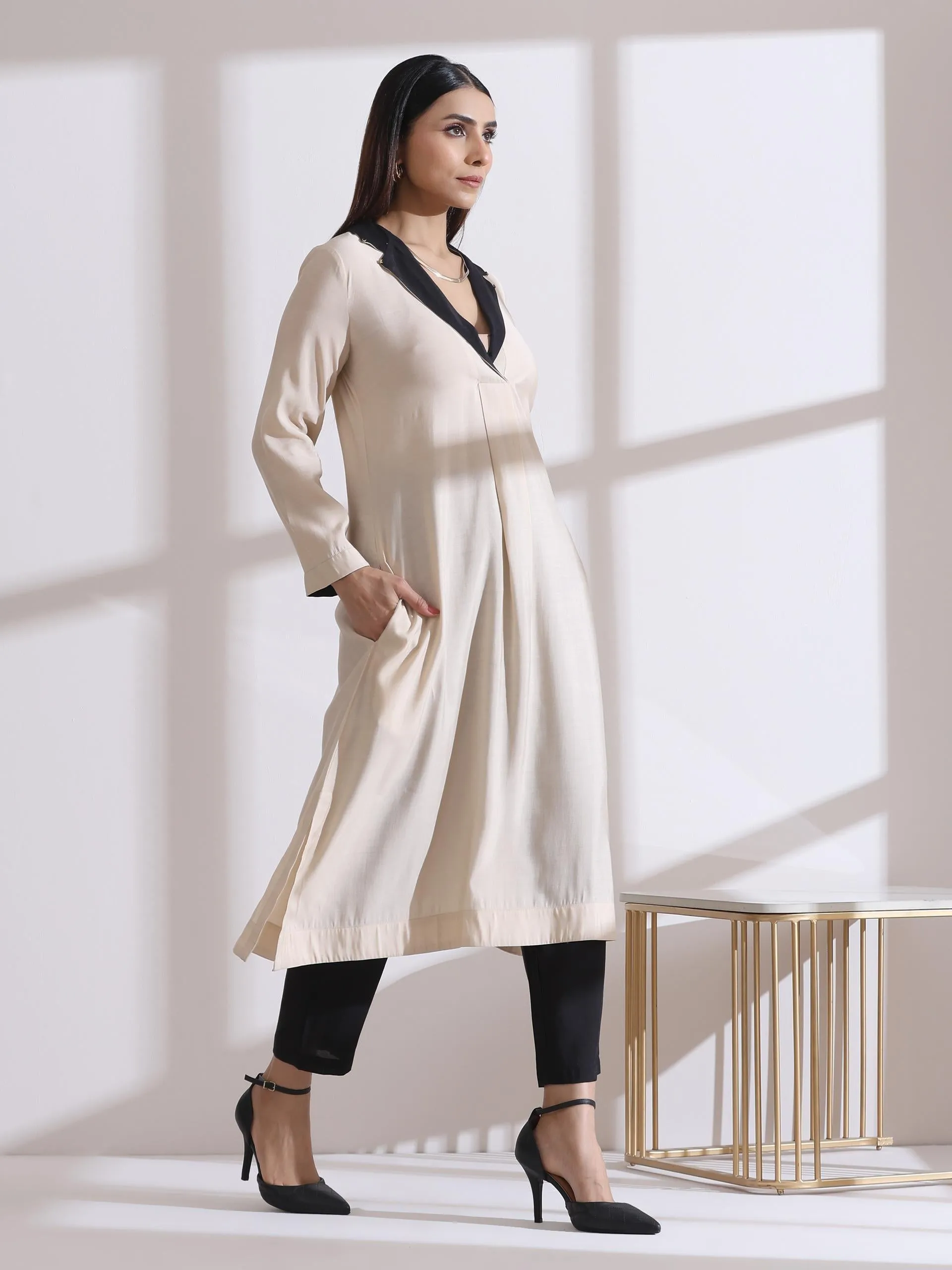 2 Pc Set - Airskin Fawn Kurta With Black With Gold Point Collar Kurta With Pants