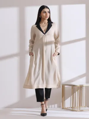 2 Pc Set - Airskin Fawn Kurta With Black With Gold Point Collar Kurta With Pants
