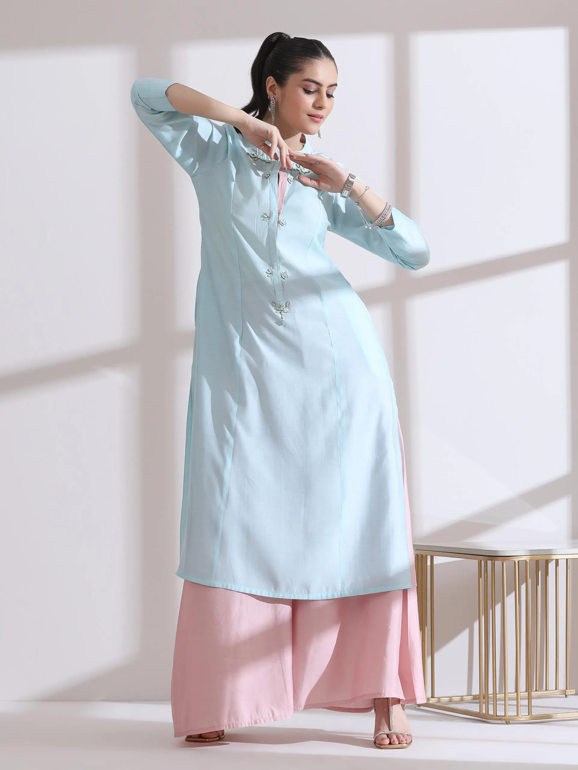 2 Pc Set - Airskin Light Blue Long Opening Kurta With Beads And Pink Pants