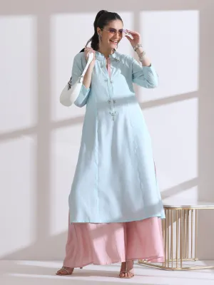 2 Pc Set - Airskin Light Blue Long Opening Kurta With Beads And Pink Pants