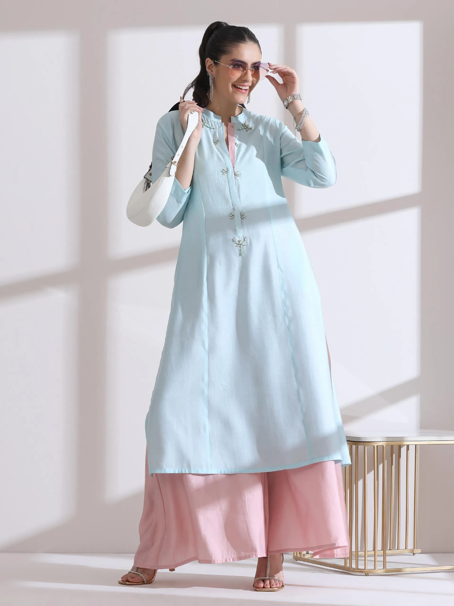 2 Pc Set - Airskin Light Blue Long Opening Kurta With Beads And Pink Pants