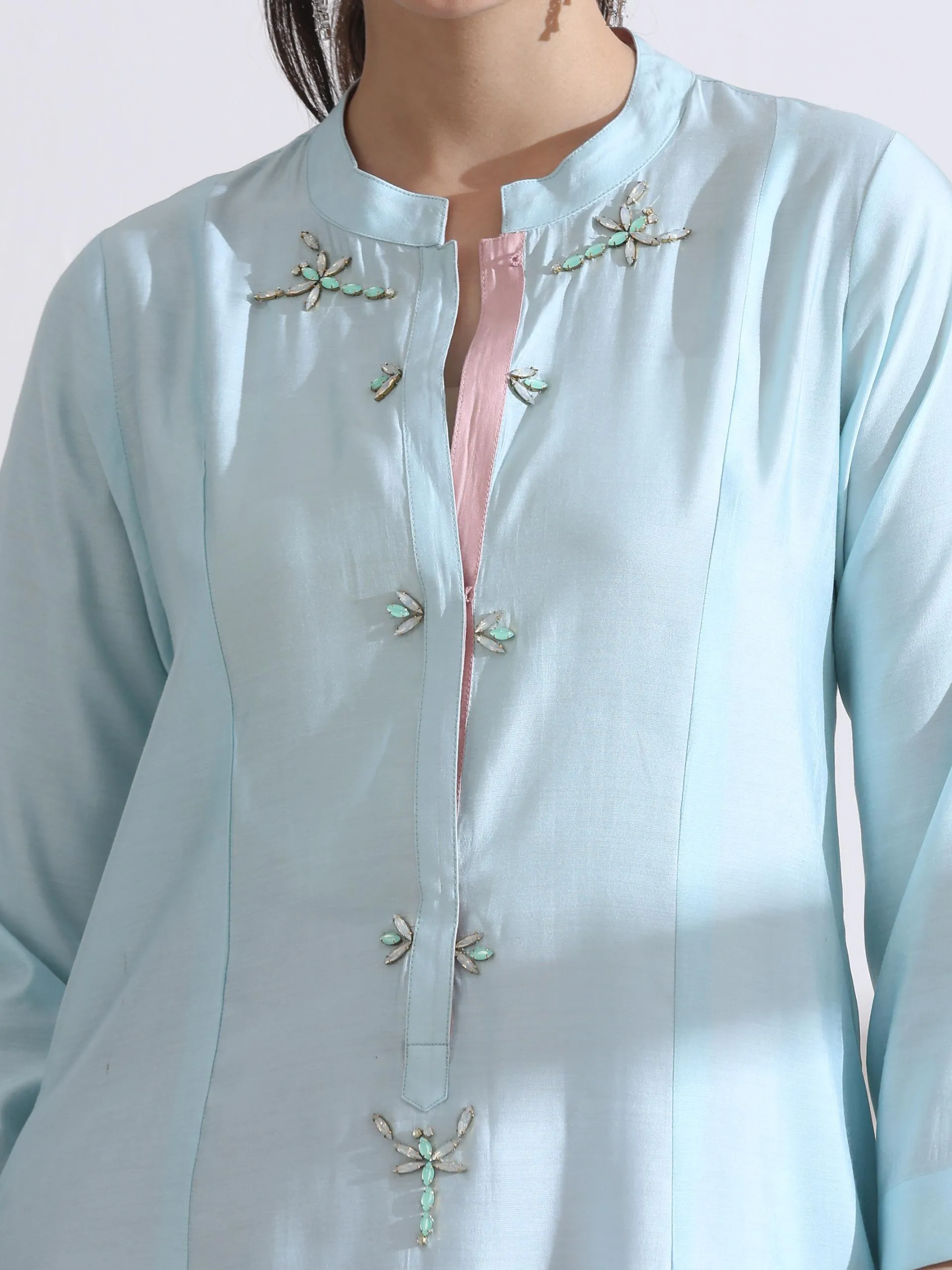 2 Pc Set - Airskin Light Blue Long Opening Kurta With Beads And Pink Pants
