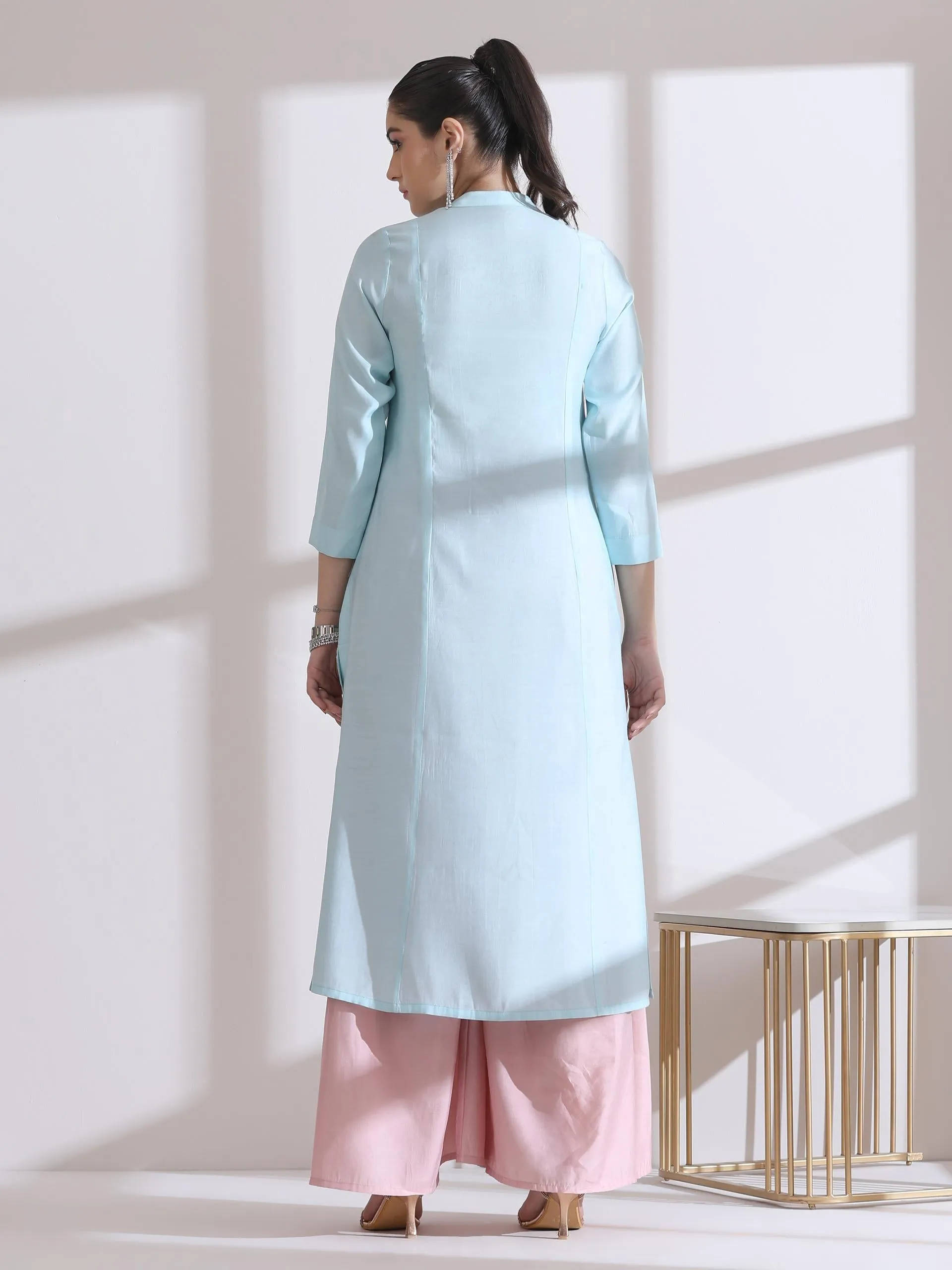 2 Pc Set - Airskin Light Blue Long Opening Kurta With Beads And Pink Pants