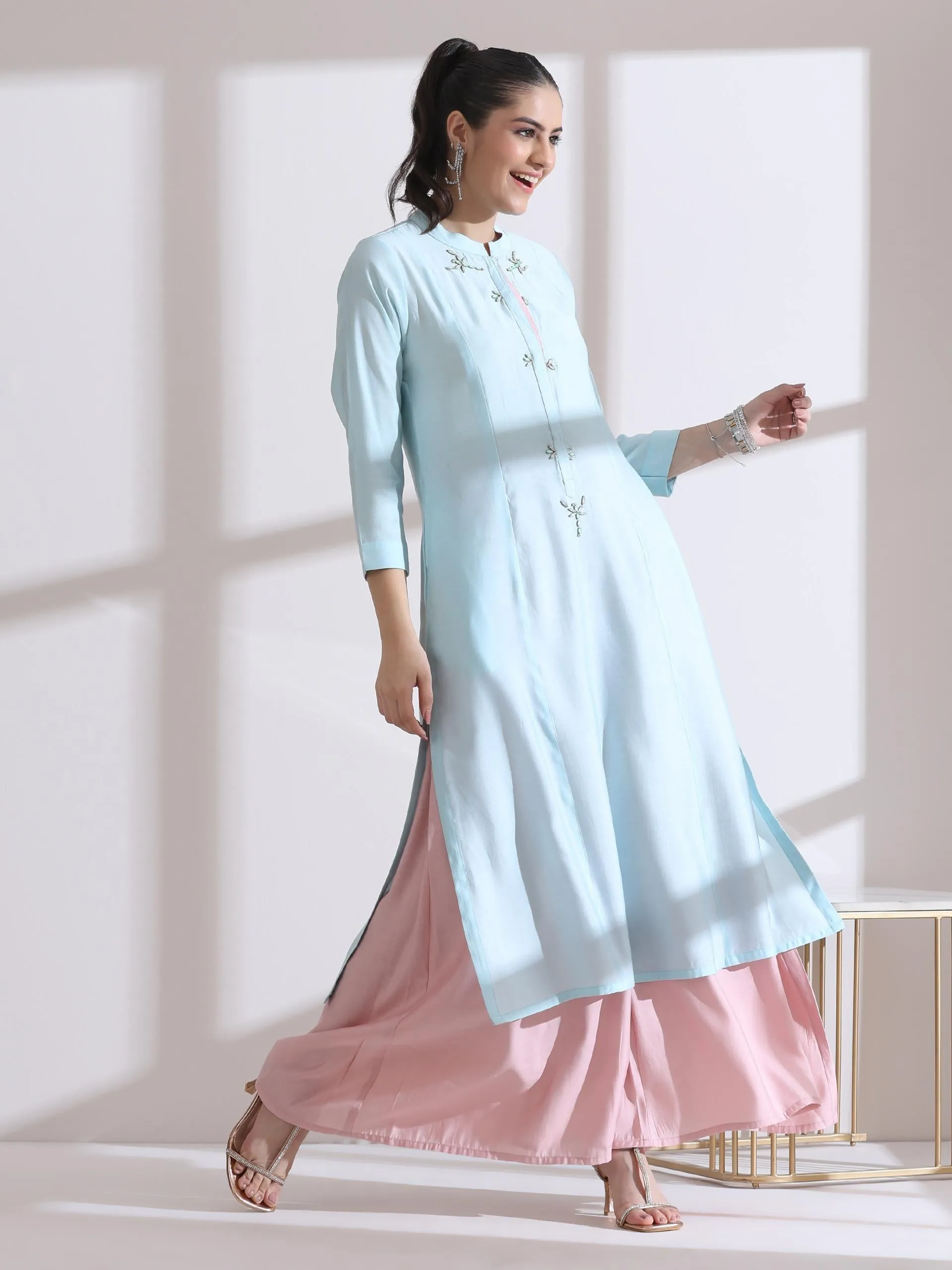 2 Pc Set - Airskin Light Blue Long Opening Kurta With Beads And Pink Pants