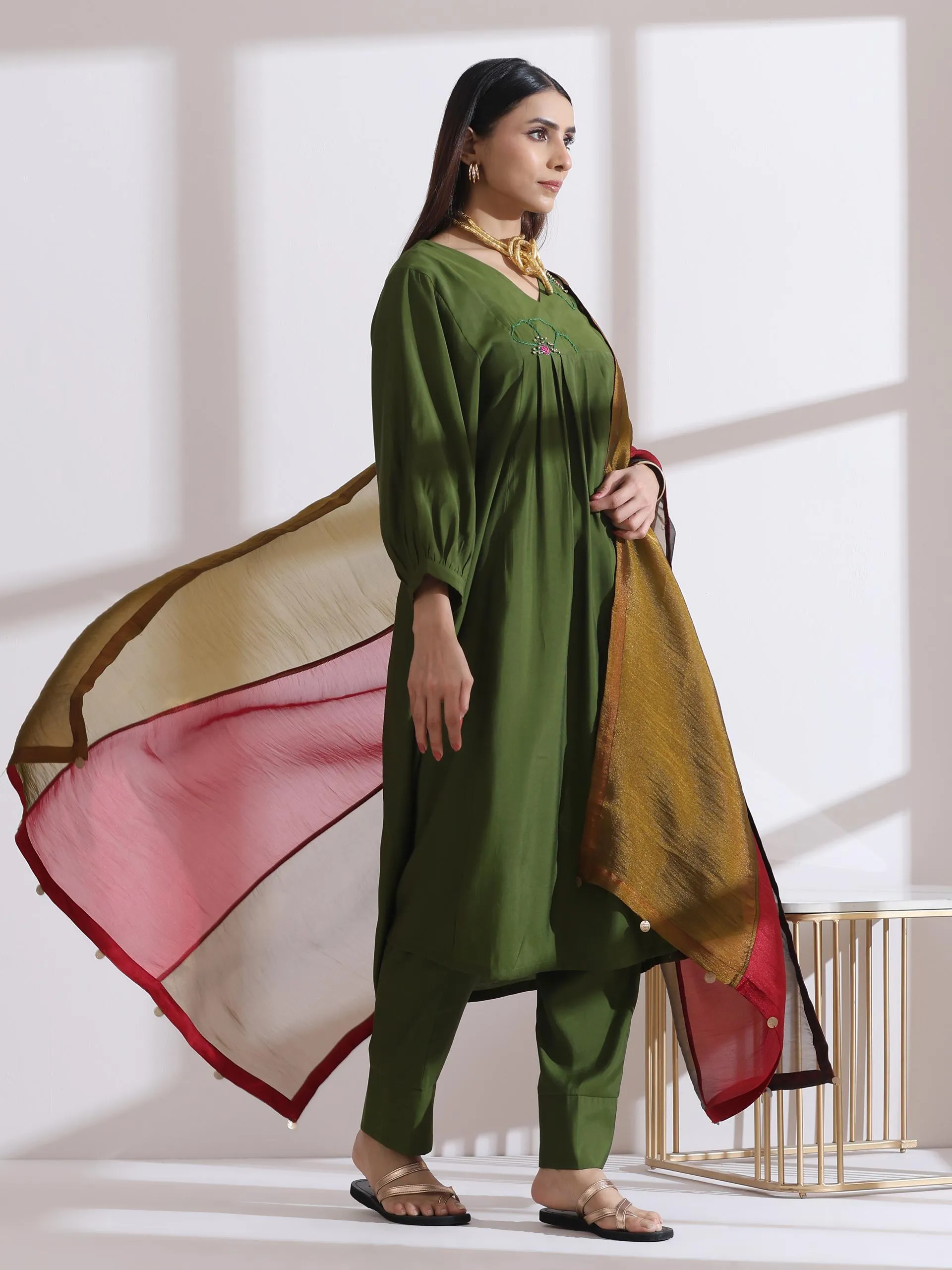 2 Pc Set - Airskin Mehndi Green Handmade Flower Kurta With Pants