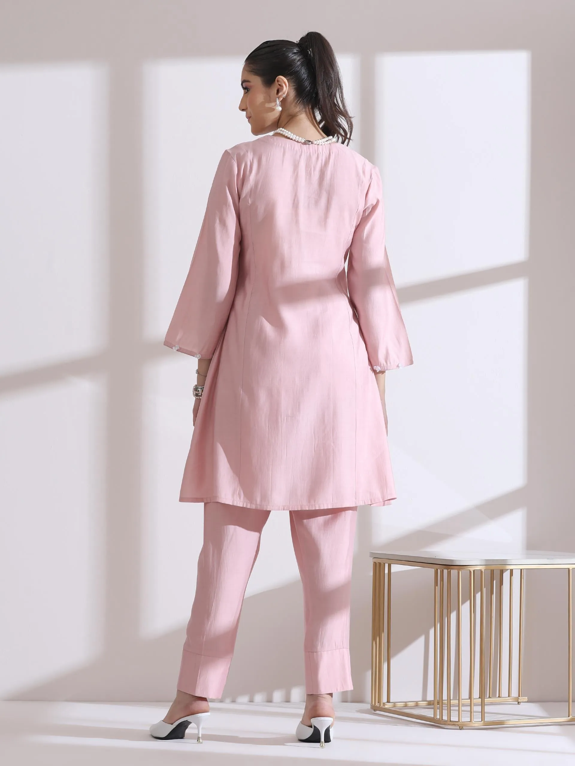 2 Pc Set - Airskin Pink With White Flowers Kurta And Pants