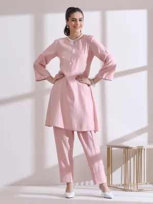 2 Pc Set - Airskin Pink With White Flowers Kurta And Pants