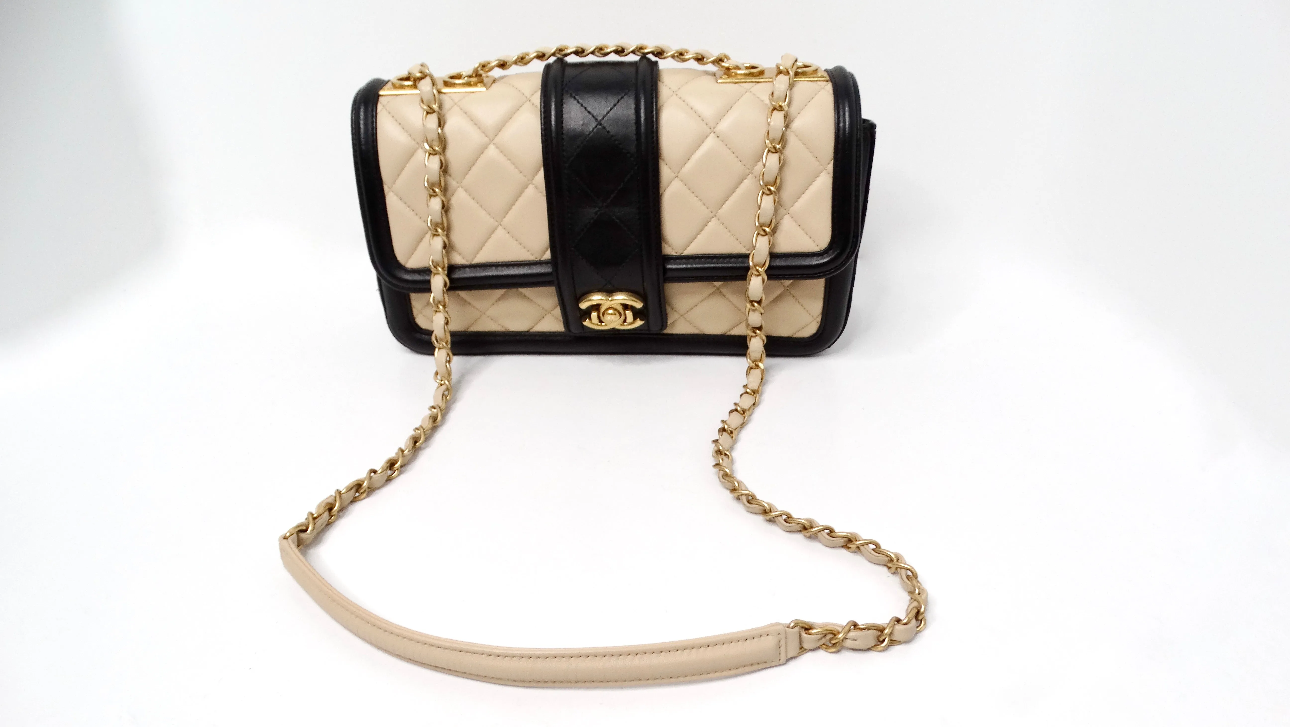 2014 Chanel Elegant CC Tan & Black Quilted Lambskin Flap Bag