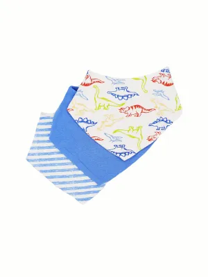 3 Pack Bandana Bibs - Blue/White Stripe and Dinosaur Print