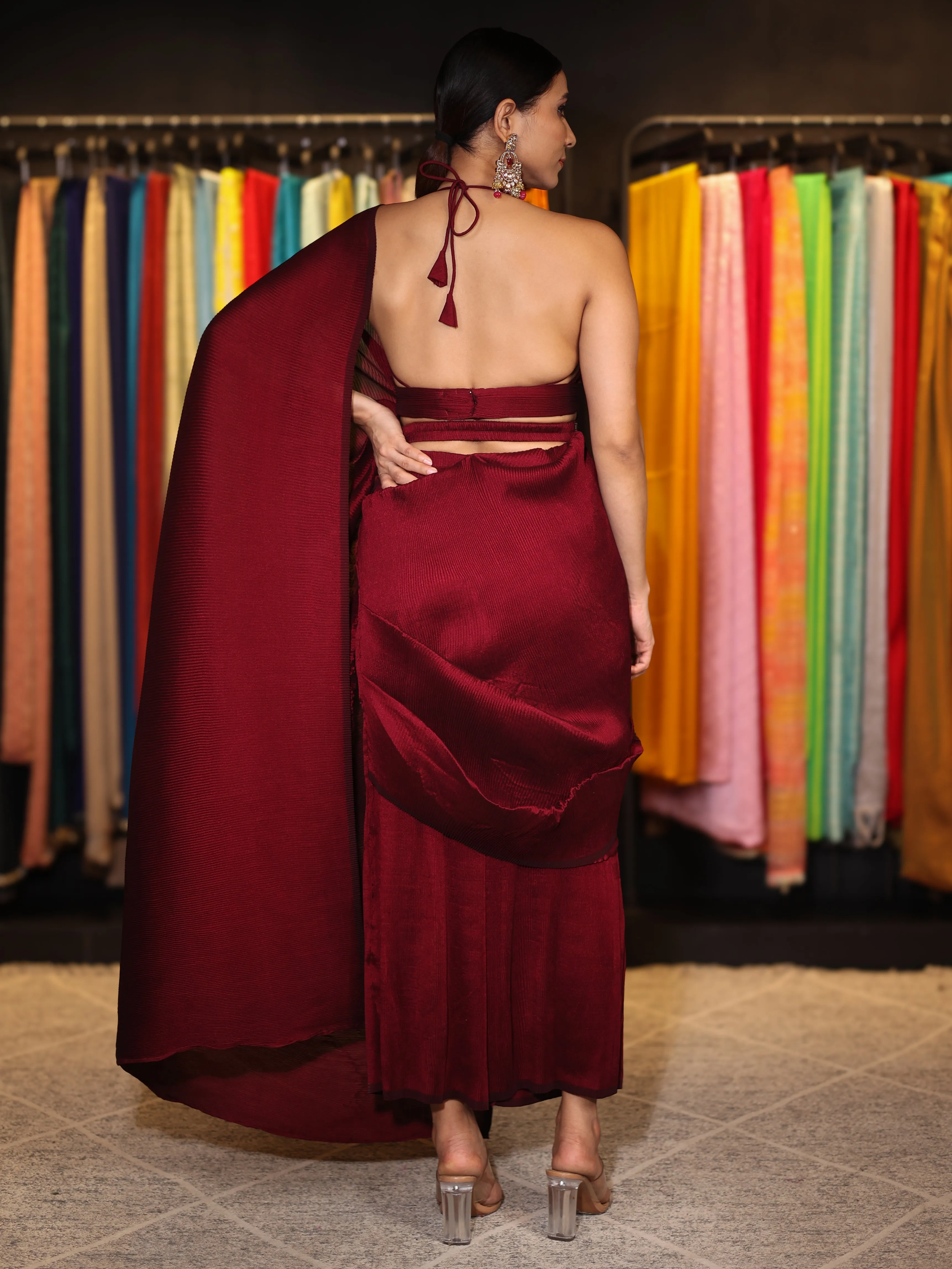 3 pc SET -Maroon Pant Saree Pleated with Leaf Halter blouse and Dazzling Belt