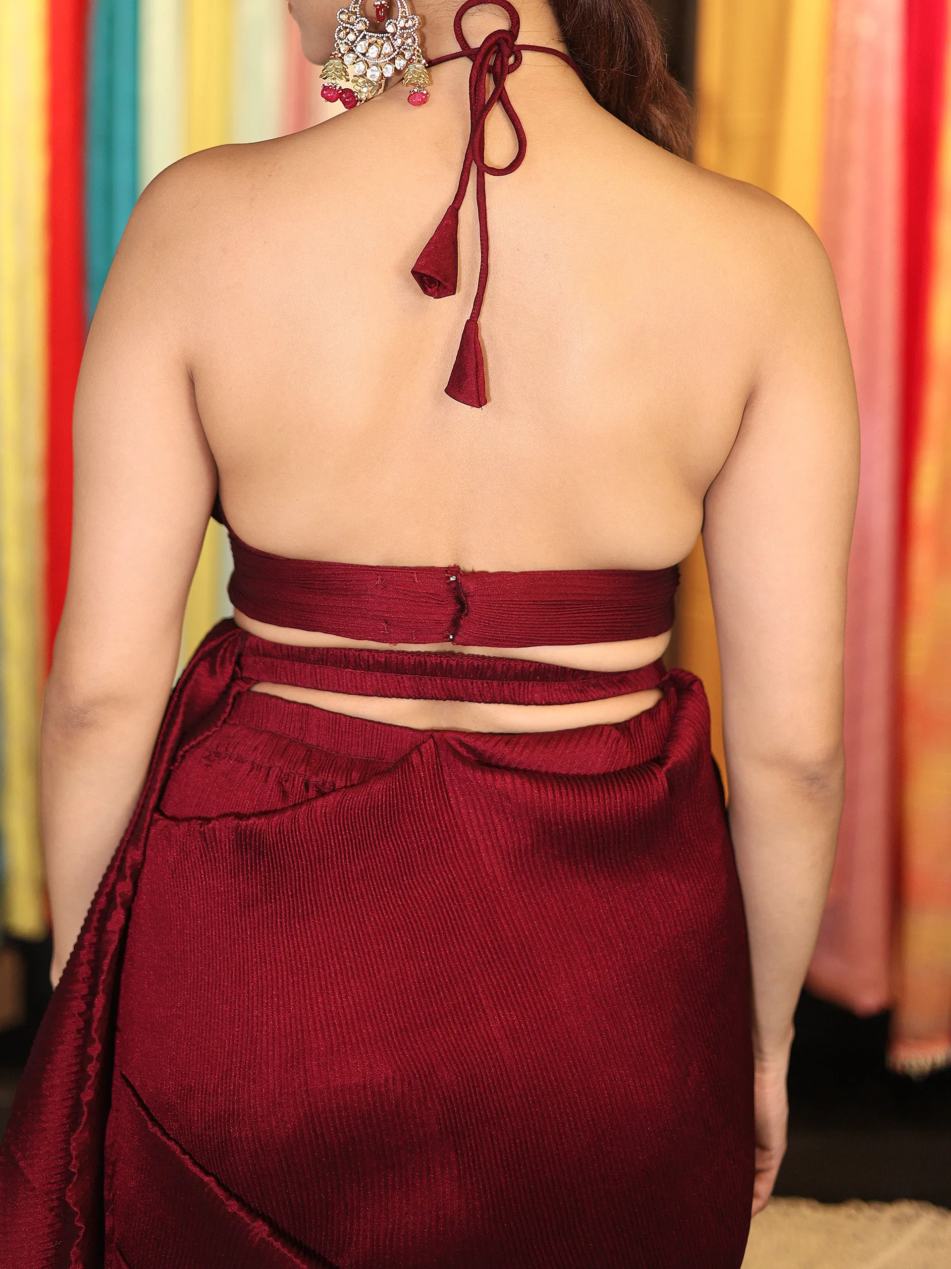 3 pc SET -Maroon Pant Saree Pleated with Leaf Halter blouse and Dazzling Belt