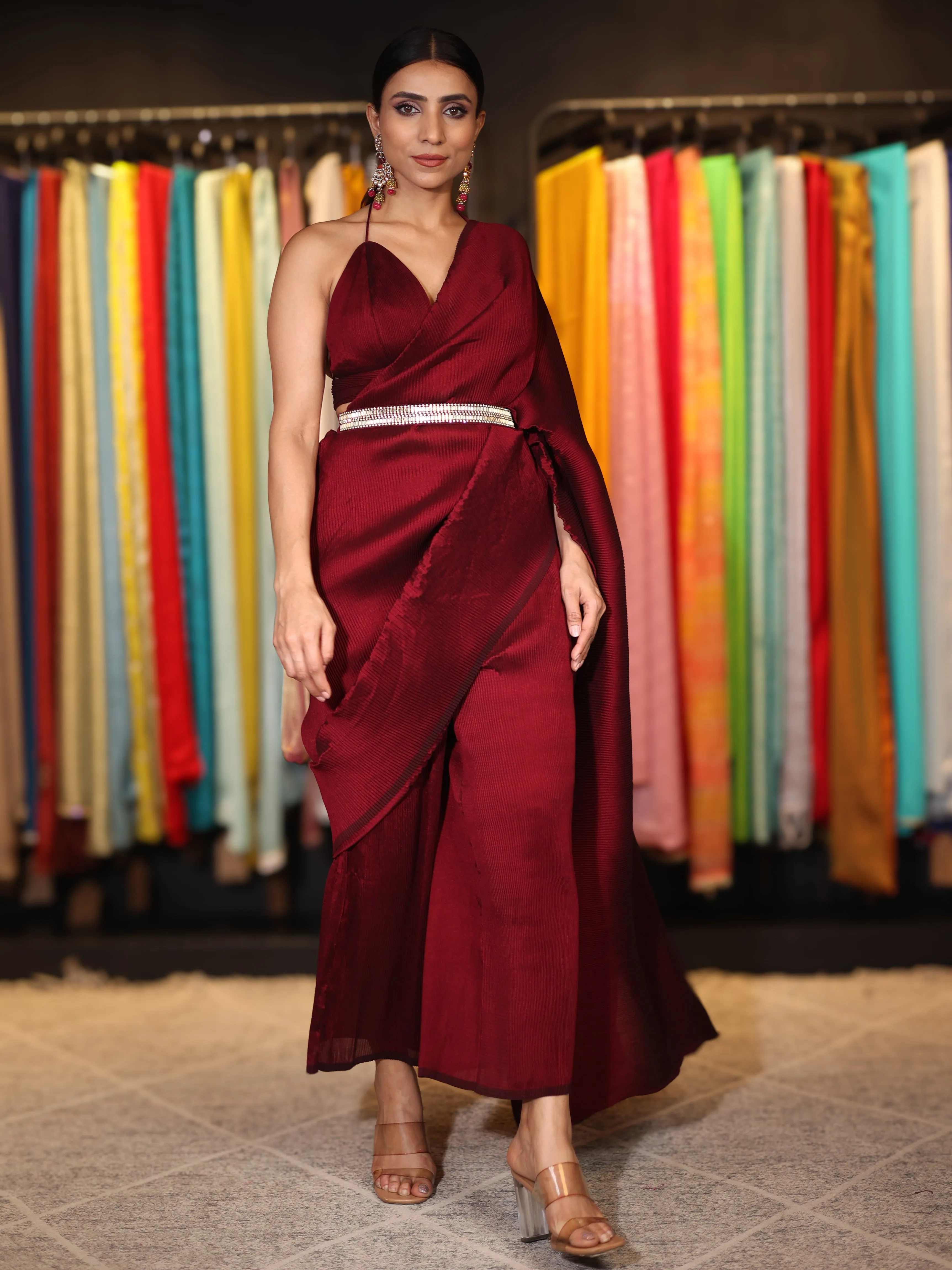 3 pc SET -Maroon Pant Saree Pleated with Leaf Halter blouse and Dazzling Belt
