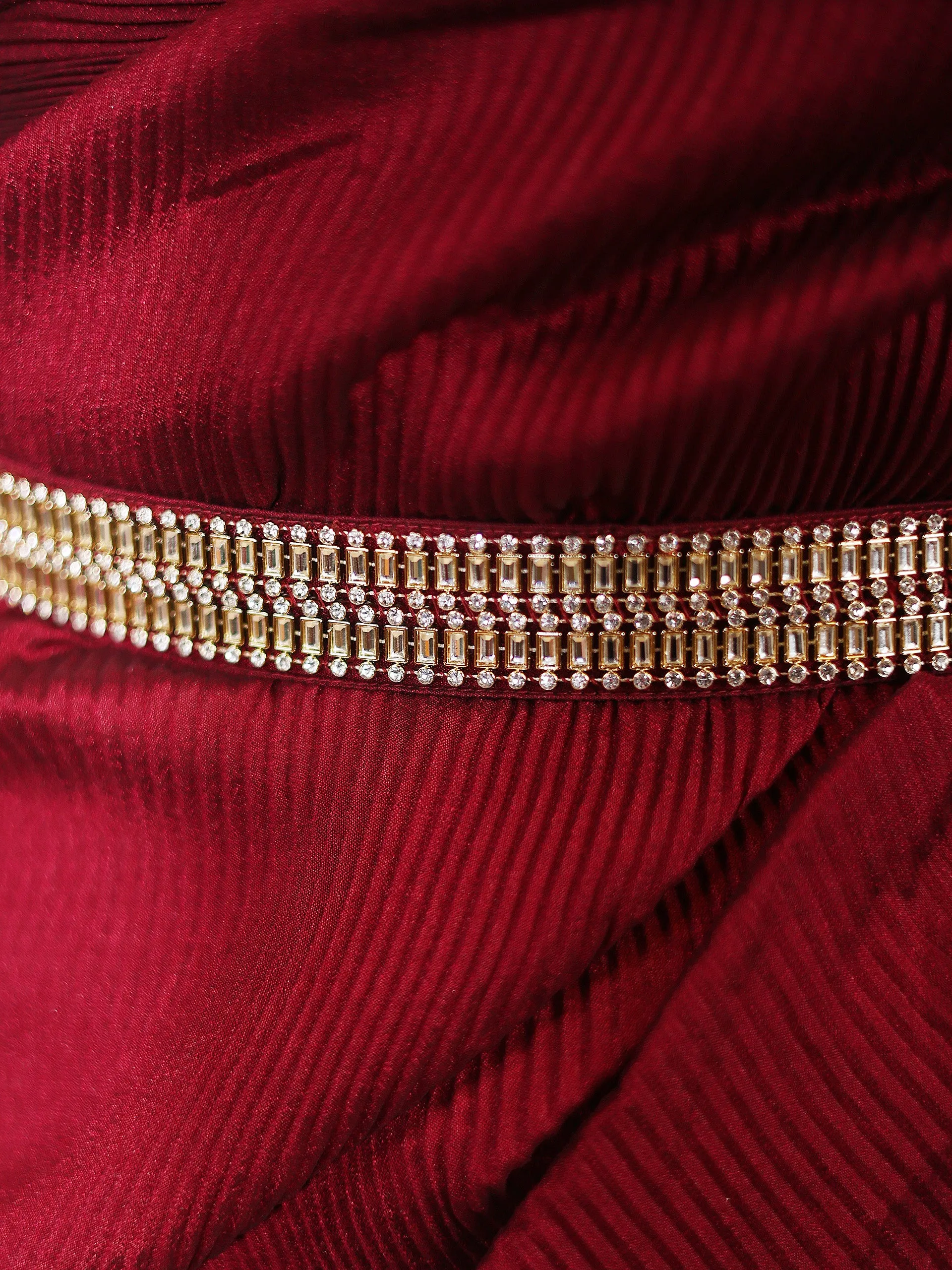 3 pc SET -Maroon Pant Saree Pleated with Leaf Halter blouse and Dazzling Belt