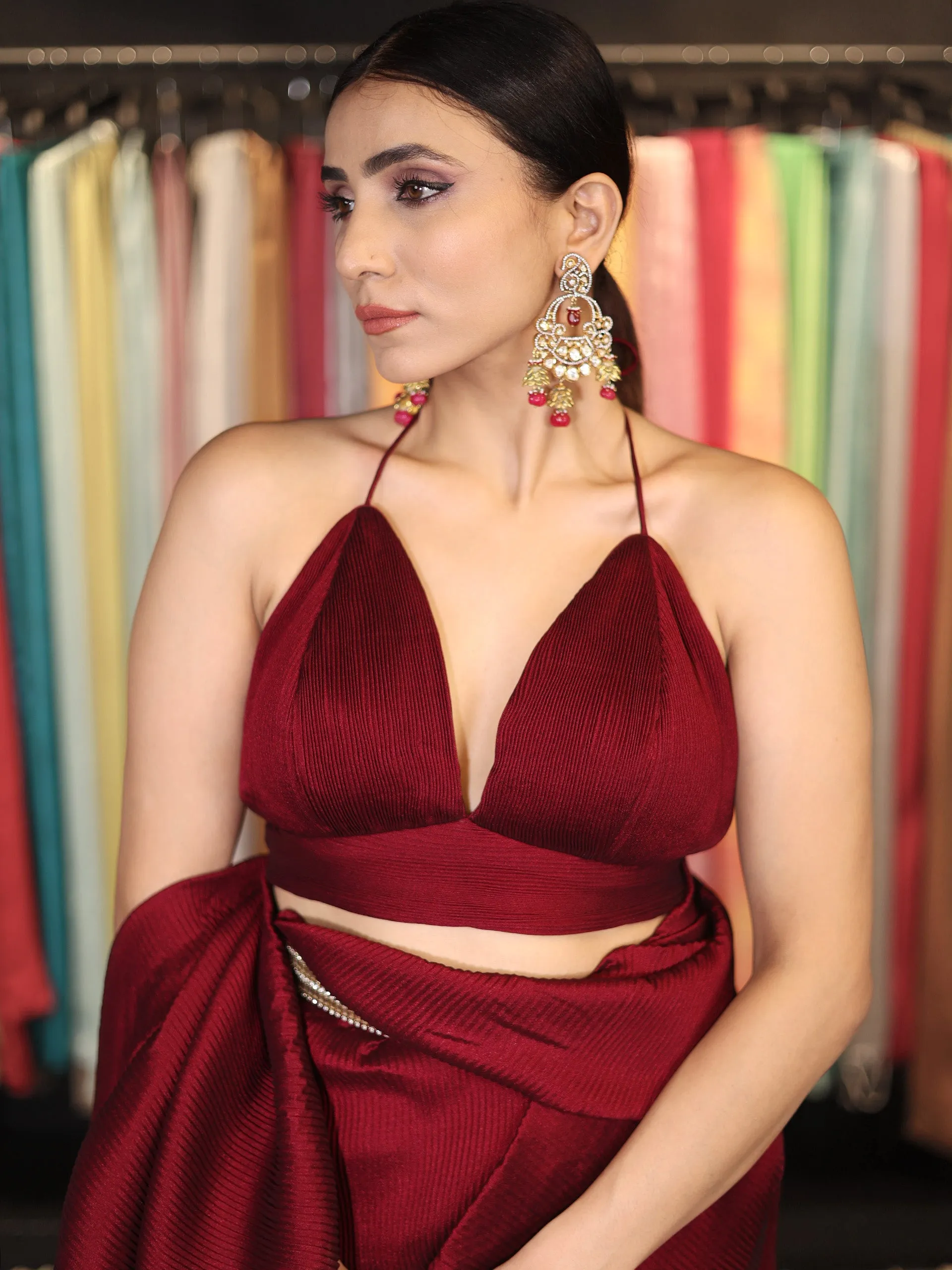 3 pc SET -Maroon Pant Saree Pleated with Leaf Halter blouse and Dazzling Belt