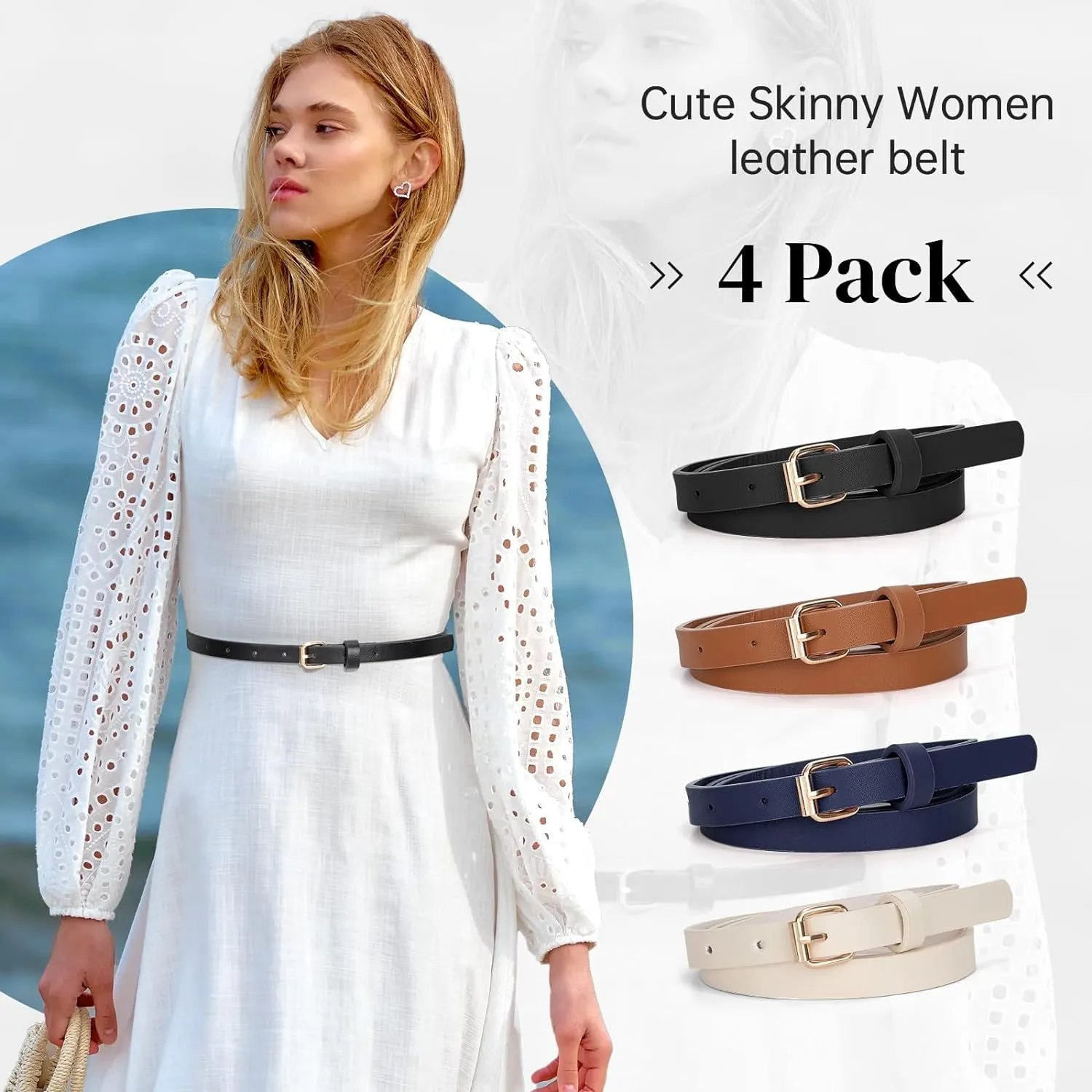 4 Pack Skinny Women Leather Belts for Dresses Jeans Pants