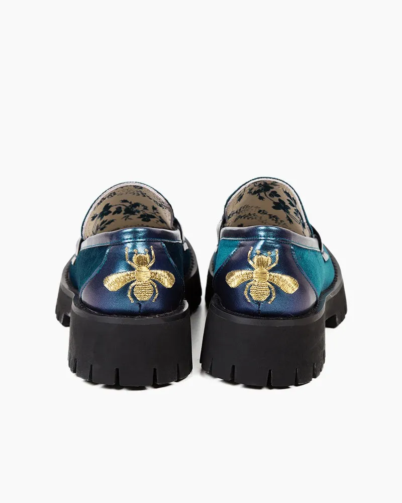 Alina Bee Embroidery Velvet Platform Leather Loafers