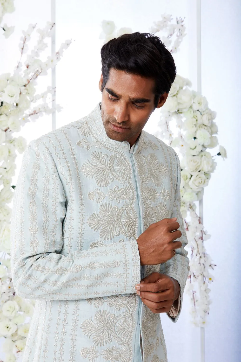 Aqua Blue Short Sherwani Set
