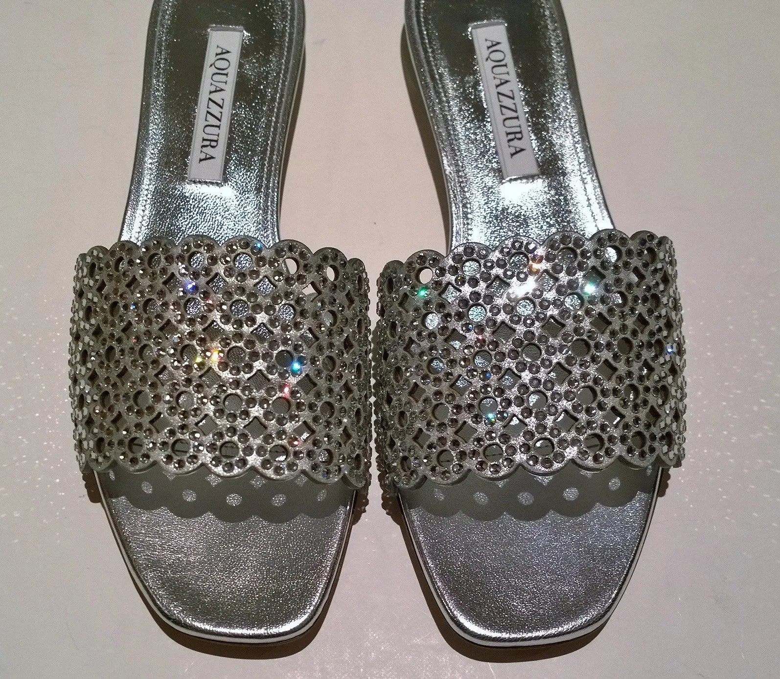 Aquazzura Candy Crystal Silver Rhinestone Flats Sandals Slide