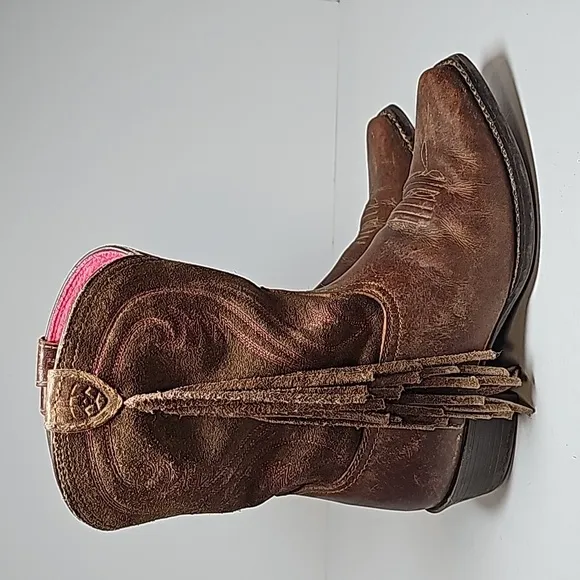 Ariat Fancy Boots Cowboy Cowgirl Western Fringe Distressed D Toe Brown Pink 2.5