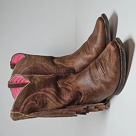 Ariat Fancy Boots Cowboy Cowgirl Western Fringe Distressed D Toe Brown Pink 2.5