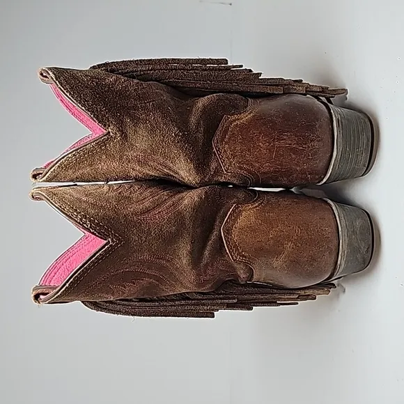 Ariat Fancy Boots Cowboy Cowgirl Western Fringe Distressed D Toe Brown Pink 2.5