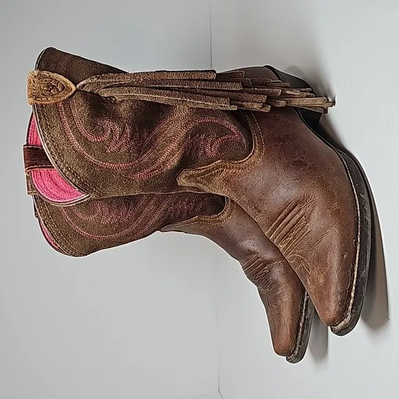 Ariat Fancy Boots Cowboy Cowgirl Western Fringe Distressed D Toe Brown Pink 2.5