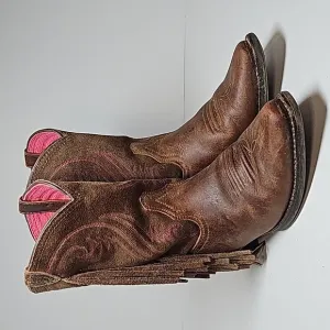 Ariat Fancy Boots Cowboy Cowgirl Western Fringe Distressed D Toe Brown Pink 2.5