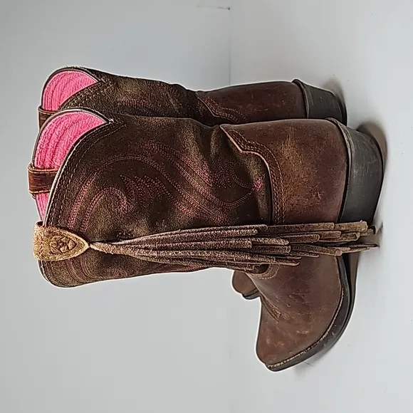 Ariat Fancy Boots Cowboy Cowgirl Western Fringe Distressed D Toe Brown Pink 2.5