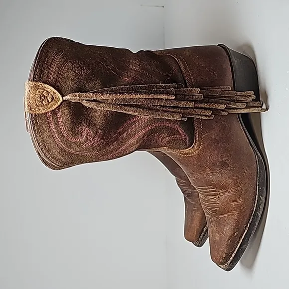 Ariat Fancy Boots Cowboy Cowgirl Western Fringe Distressed D Toe Brown Pink 2.5