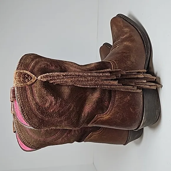 Ariat Fancy Boots Cowboy Cowgirl Western Fringe Distressed D Toe Brown Pink 2.5