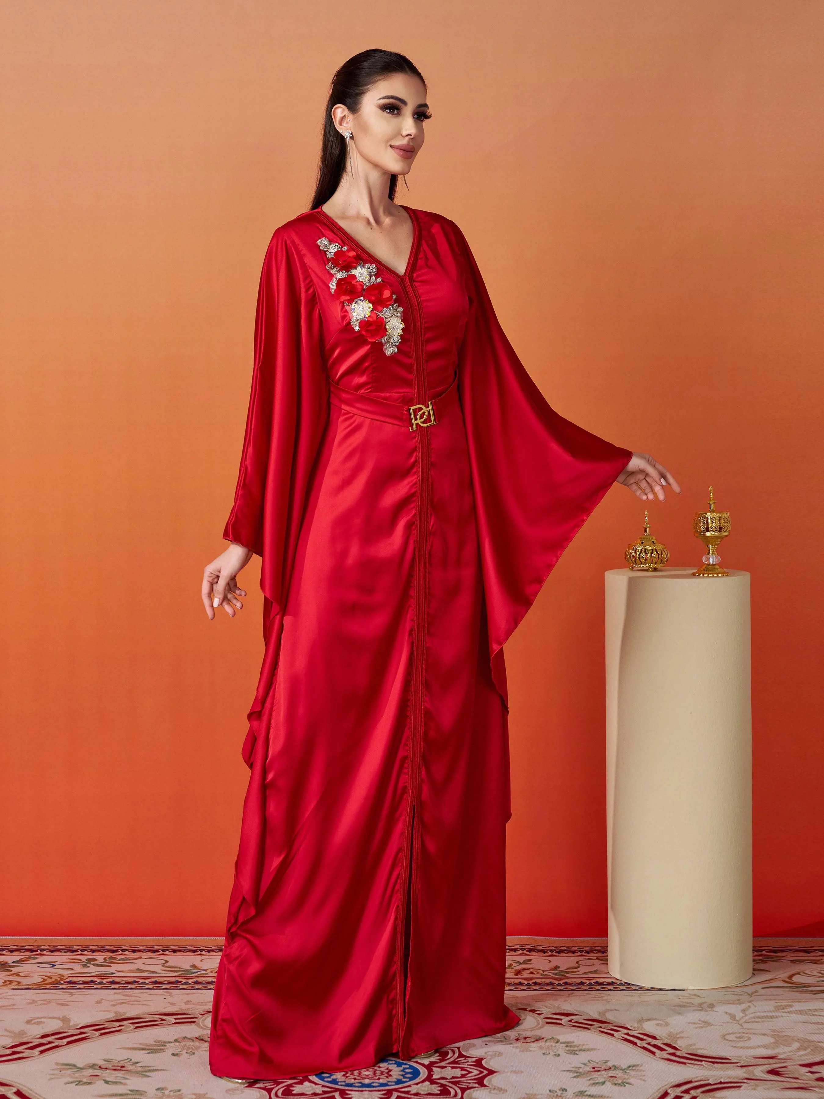 Batwing Sleeve V-Neck Satin Elegant Dress MES00420