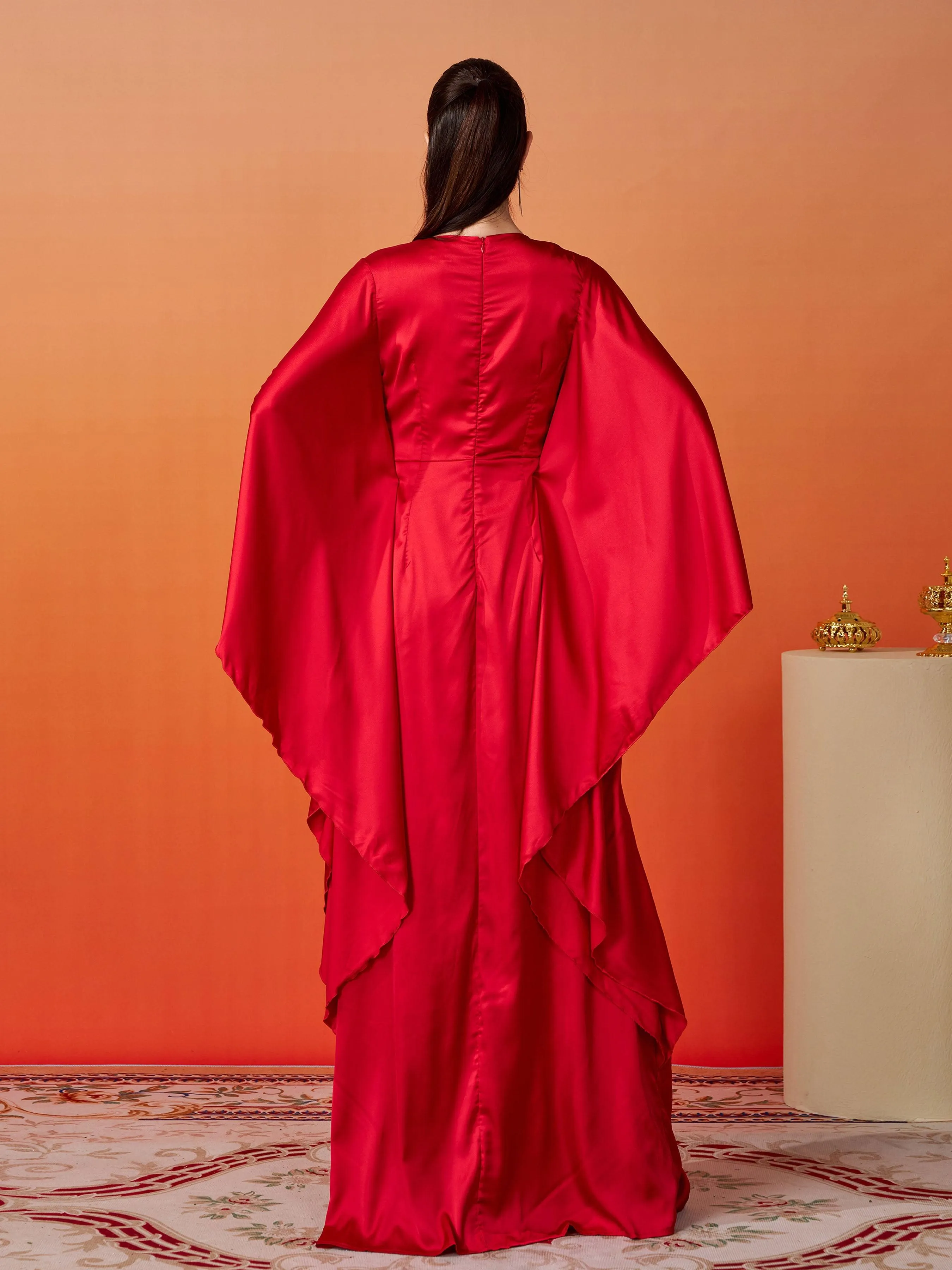 Batwing Sleeve V-Neck Satin Elegant Dress MES00420