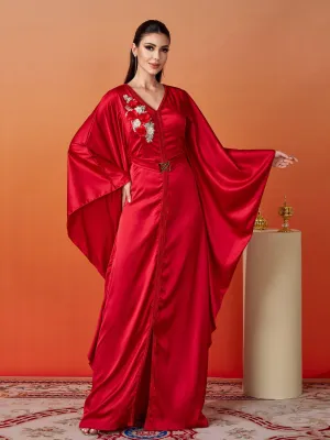 Batwing Sleeve V-Neck Satin Elegant Dress MES00420