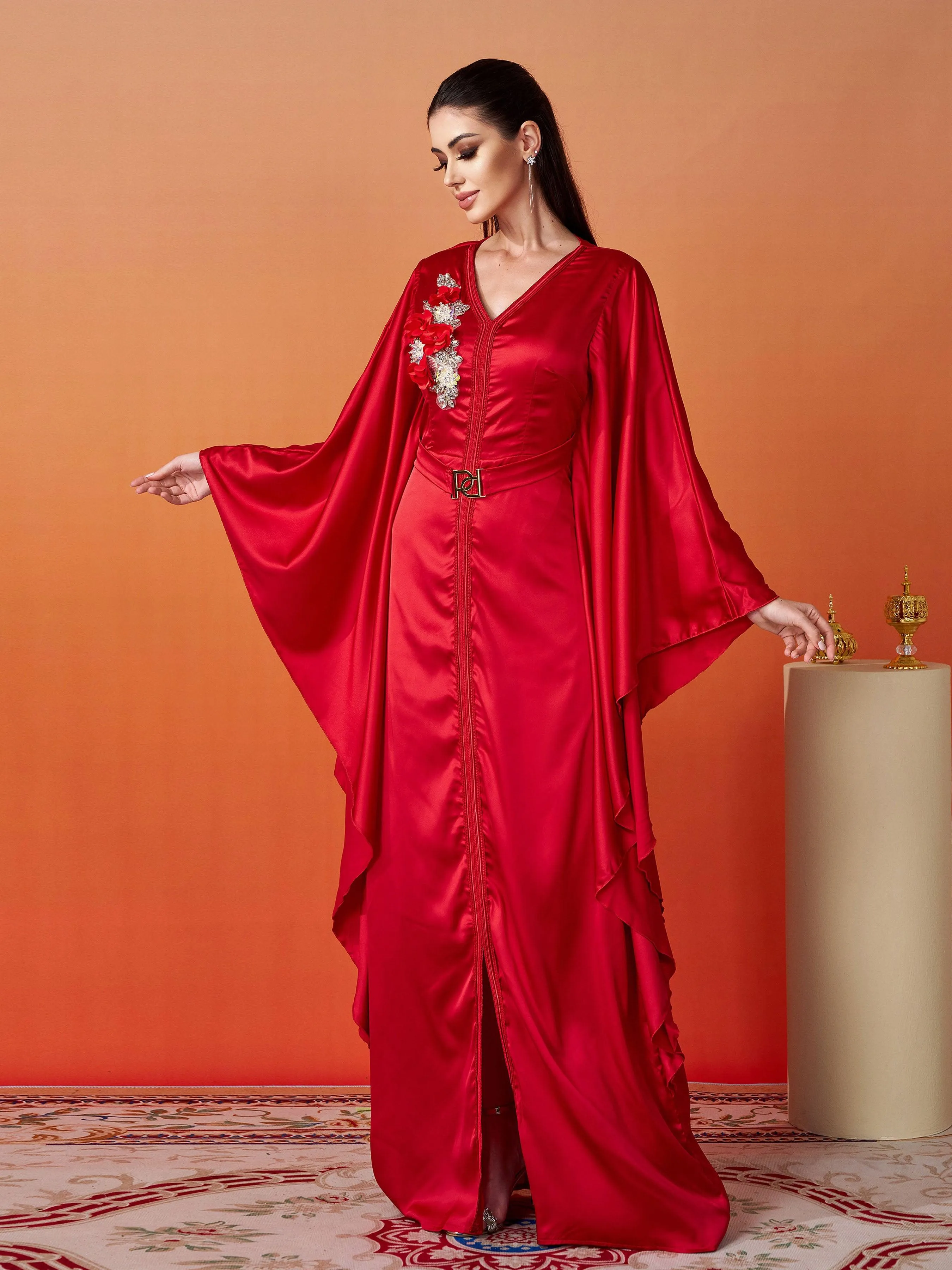 Batwing Sleeve V-Neck Satin Elegant Dress MES00420