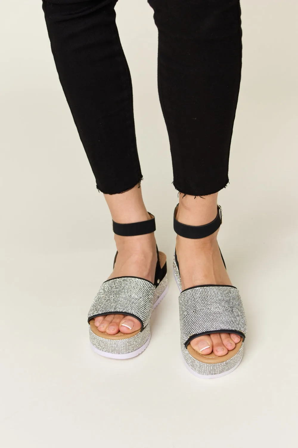 Black Rhinestone Buckle Strappy Wedge Sandals