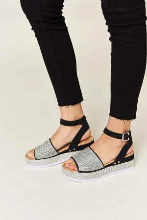 Black Rhinestone Buckle Strappy Wedge Sandals